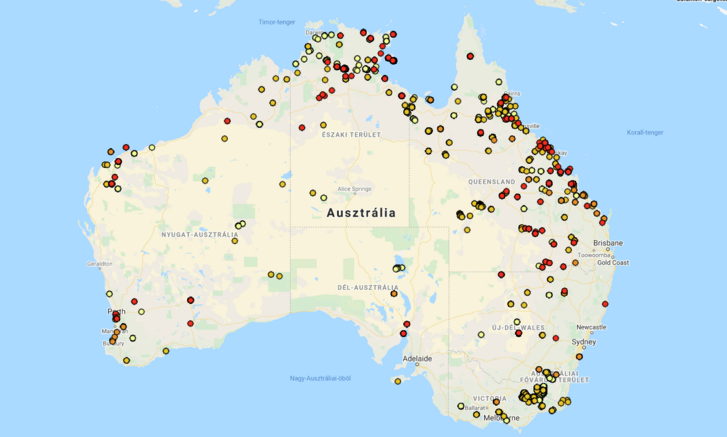 Bozóttüzek az utóbbi 72 órában Ausztráliában 2020. január 20-i térképen