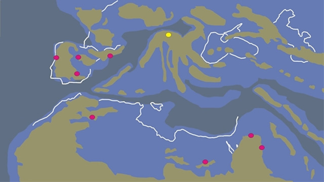 Ősföldrajzi térkép a Bothremydidae teknős lelőhelyekkel(Iharkút sárgával)