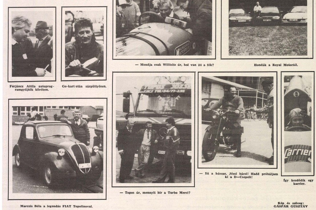 "A megszállottak és autóik" című képriport a megyei napilap hétvégi mellékletében, 1991-ben. Balra lent a legendás Topolino.