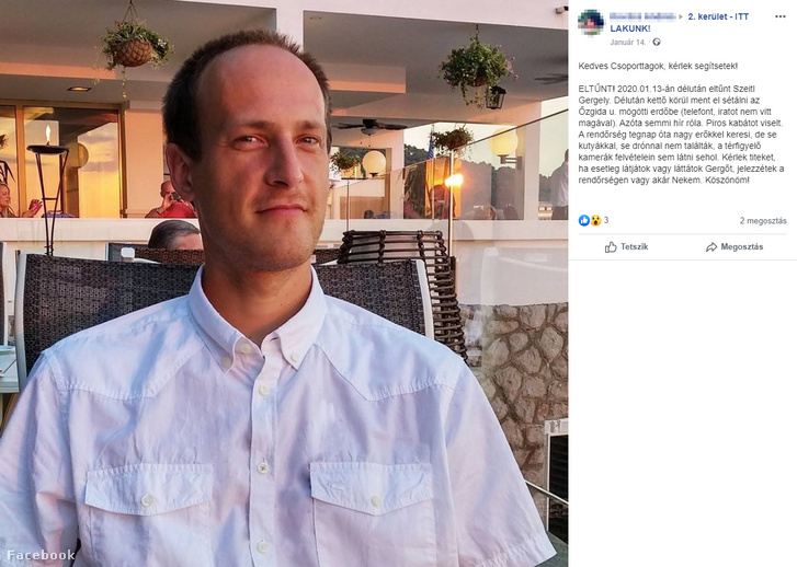 Szeitl Gergely eltűnéséről kirakott poszt egy Facebook-csoportban