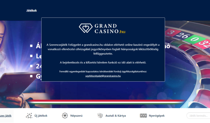 A grandcasino.hu oldal felfüggesztéséről szóló üzenet