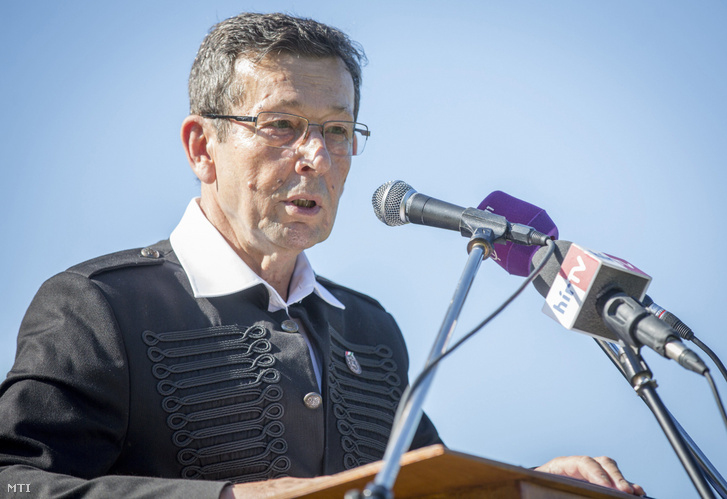 Babák Mihály polgármester beszédet mond a nemzeti összetartozás napja alkalmából tartott megemlékezésen Szarvason 2017. június 3-án