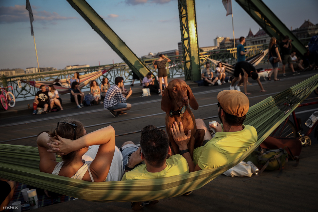 Ilyenre nem lesz lehetőség idén: piknikező gyalogosok a lezárt Szabadság hídon 2018. július 15-én