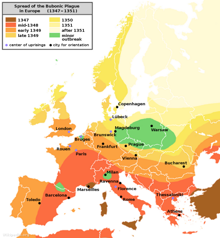 A pestis terjedése 1347-51 között Európában