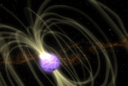 Fantáziarajz az SGR J1550-5418 katalógusjelű magnetárról. A kitörések során felszabaduló energia valószínű forrása a neutroncsillag rezgései által megzavart mágneses tér.