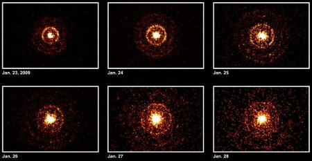 A Swift űrteleszkóp röntgentávcsöve által rögzített képek az SGR J1550-5418 környezetéről. A gyűrűk a legintenzívebb kitörések közben kibocsátott röntgensugárzás környező por- és gázfelhőkön bekövetkező szóródásának eredményei.