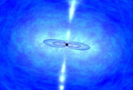 Fantáziakép a haldokló csillag összeomló magjáról, alig percekkel a robbanás előtt. A gammavillanást valószínűleg a középpont közeléből kidobott, gyorsan mozgó gázból álló jet okozza (forrás: Dana Berry, NASA).