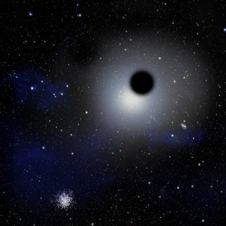 Fantáziarajz a Tejútrendszer szélén egy gömbhalmaz közelében elhaladó csavargó fekete lyukról. [David A. Aguilar (CfA)]