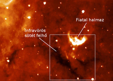 A Tejútrendszer infravörös hátterén sötét filamentumként jelenik meg a nagytömegű, hideg molekuláris felhő, amelynek belsejében nagy valószínűséggel hamarosan beindul a csillagkeletkezés.