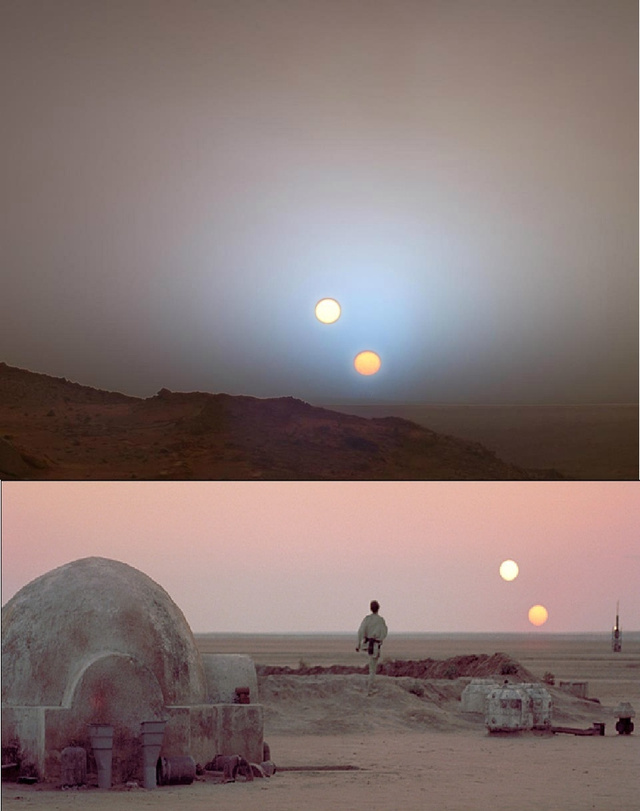 Azt terjesztik, hogy ezt a kettős napnyugtát látta a Curiosity a Marsról, és hogy milyen fantasztikus a Star Wars, hogy ezt is megjósolta.