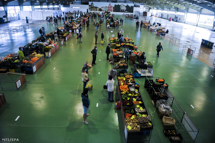 Vásárlók a portugáliai Caldas da Rainha újra megnyitott zöldségpiacán 2020. április 18-án. A portugál hatóságok enyhítettek a koronavírus-járvány miatt elrendelt korlátozó intézkedéseken.