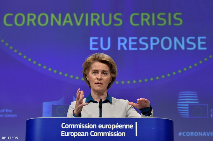 Ursula von der Leyen az Európai Unió koronavírus-járványról tartott sajtótájékoztatón Brüsszelben 2020. április 15-én