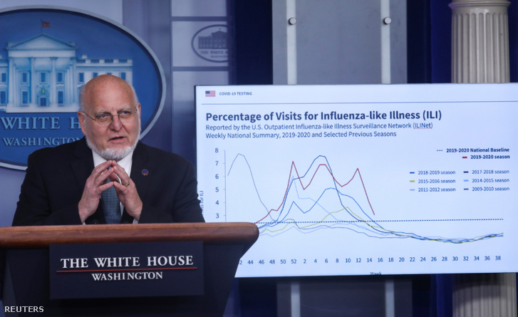 Robert Redfield beszél a szombati koronavírus-járvány sajtótájékoztatón Washingtonban