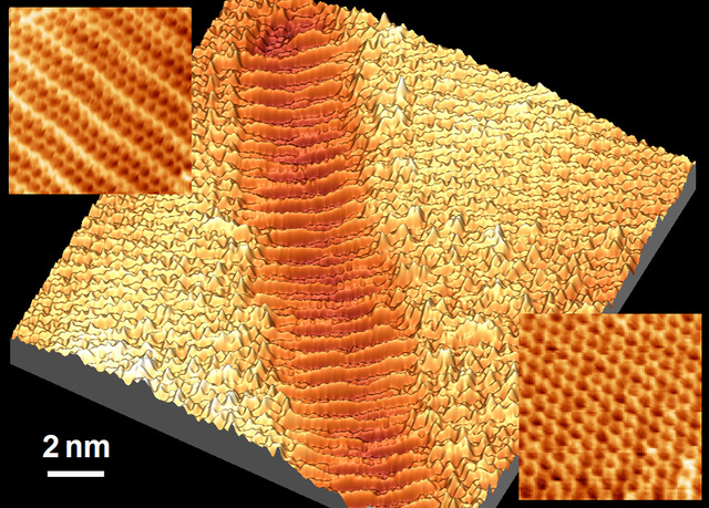 A réz felületét folytonosan borító  grafénréteg nanométerű hullámai, amelyek az 5 nanométer széles réz árkok felett