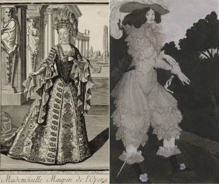 Mademoiselle Maupin mint operaénekesnő és mint férfiruhába öltözött kardvívó.