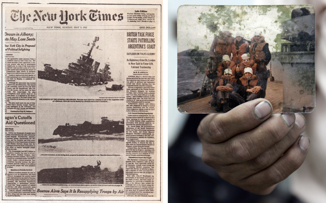 Balra: a New York Times címlapja az argentin cirkáló elsüllyesztéséről. Jobbra: Juan Coronel argentin veterán, a General Belgrano egykori tengerésze mutatja a róla és matróztársairól készült fotót.