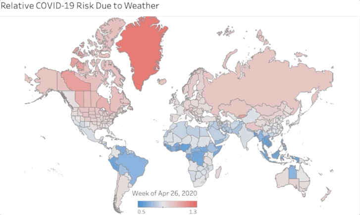 A Harvard Egyetem előrejelzése szerint a következő egy évben így fog változni a covid-19 járvány kockázata az időjárás függvényében (kék: kis kockázat, piros: nagy kockázat)