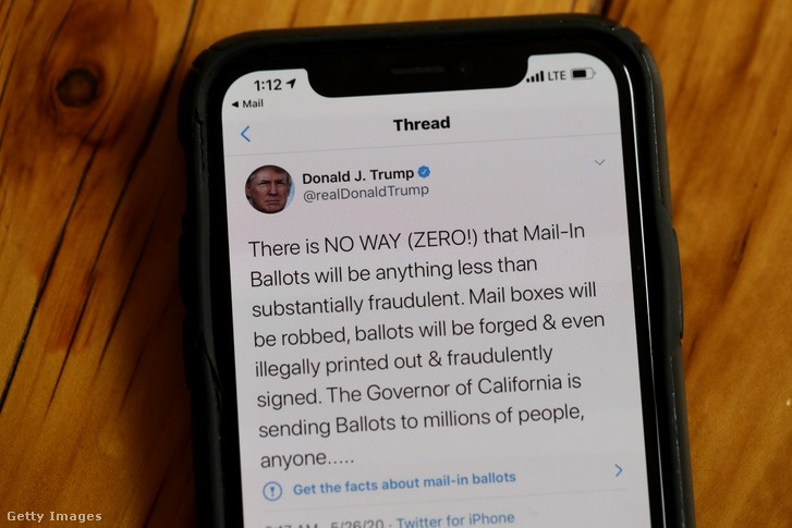 Trump által közzétett, a Twitter által félrevezetőnek talált poszt, ami szerint kizárt, hogy a Kaliforniában fontolóra vett levélszavazás ne vezessen csaláshoz, egy manipulált választást eredményezve.