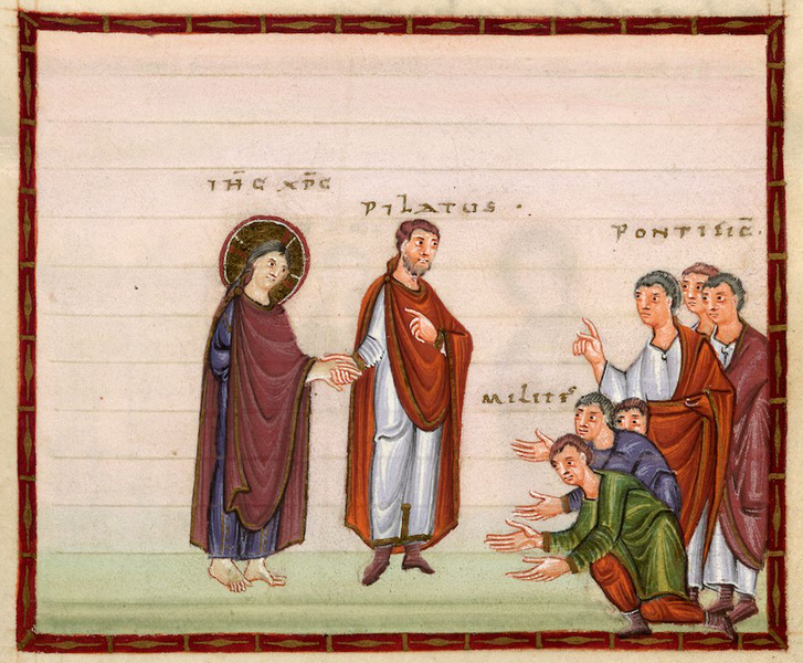 Jézus Pilátus előtt (Egbert kódex, 985 körül). A képen szerepel néhány zsidó, de nincs különösen nagy orruk