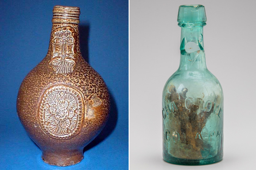 Boszorkányüvegek: 1650-es Bellarmine-palack, és egy 1800-as évekbeli virginiai darab.