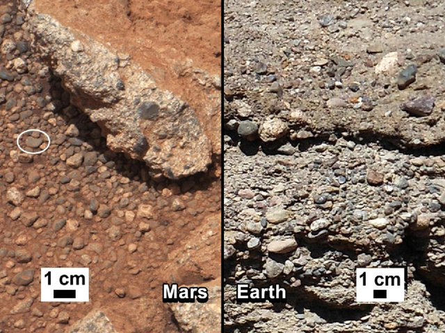 Balra a Marson talált folyómeder, jobbra hasonló kőzetek - szintén egy kiszáradt folyómederből - a Földön
