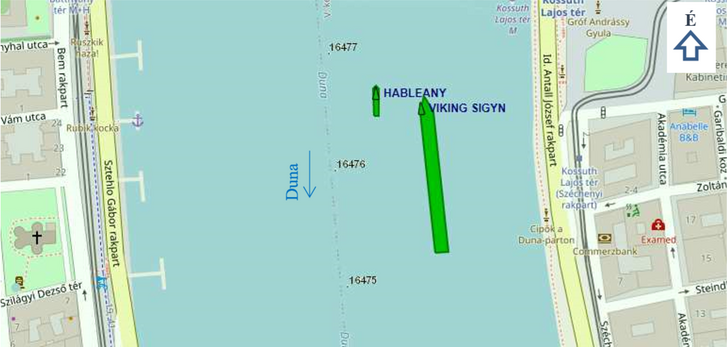 20:56 a Hableány termes személyhajó balról előzi a Viking Sigyn kabinos személyhajót (forrás: RSOE Hajóútvonal visszajátszó)