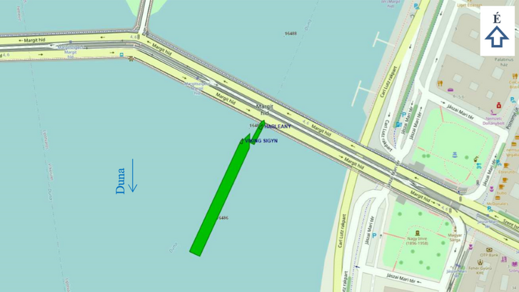 6. ábra: 21:05:35 a Viking Sigyn kabinos személyhajó a hídnyílásban utóléri a Hableány termes személyhajót és nekiütközik (forrás: RSOE Hajóútvonal visszajátszó)