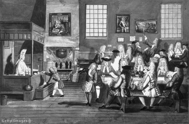 Egy londoni kávéházban tereferélő úriemberek 1668-as metszeten
