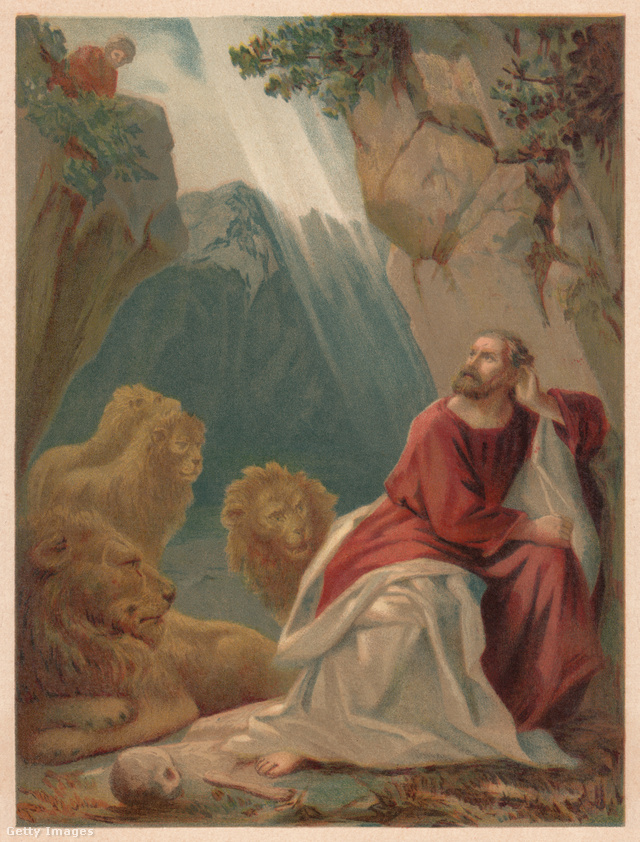 Dániel az oroszlánok barlangjában, színes litográfia 1886-ból