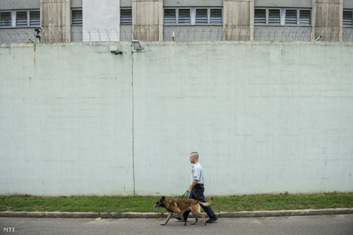 Egy rendőr kutyájával a Fővárosi Büntetés-végrehajtási Intézet Venyige utcai III-as objektumában