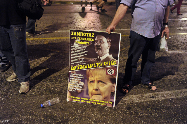 Plakát egy Angela Merkel görögországi látogatása ellen szervezett tüntetésen