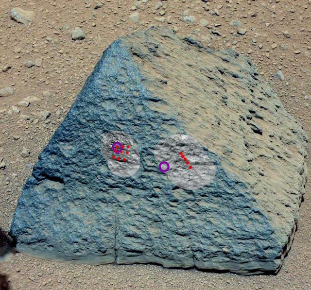 A Jake Matijevic névre keresztelt szikla a Marson. A piros pontok a felvételen a Curiosity Chemcam lézere által vizsgált pontokat, a lila körök a röntgenes vizsgálatok területét jelölik. A fekete-fehérre színezett zóna a lézer behatolási pontjainak azonosítását szolgálta.