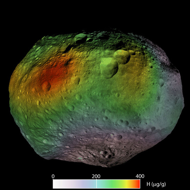 Így oszlanak el a hidrogénatomok a Vesta felszínén - piros színnel a magas, kékkel az alacsony koncentrációt jelöli a grafika