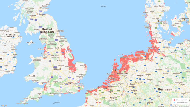 A pirossal jelölt területek a tengerszint emelkedése miatt veszélyeztetett területek a Climate Central térképén