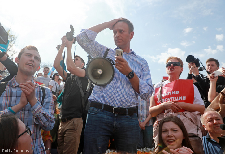 Alekszej Navalnij egy tüntetésen Moszkvában 2018-ban.