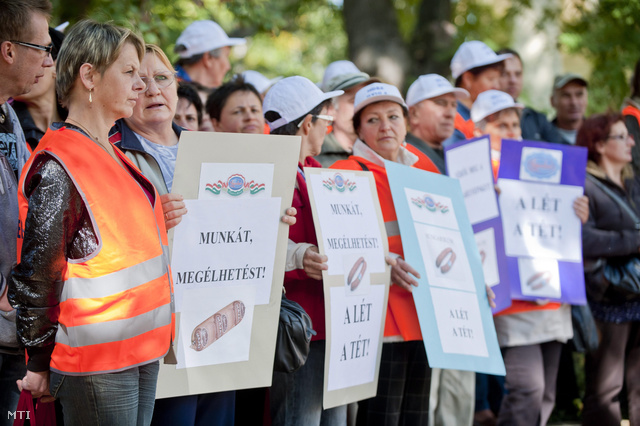 Dolgozók szakszervezete azon a demonstráción, amelyet a Húsipari Dolgozók Szakszervezete (HDSZ) a Gyulai Húskombinát megmentéséért szervezett Gyulán 2012. október 9-én.