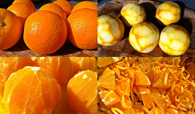 1. narancs, 2. a vékony narancssárga héj levágása után, 3. a fehér rész levágása után, 4. a lábasban a felcsíkozott héjakkal
