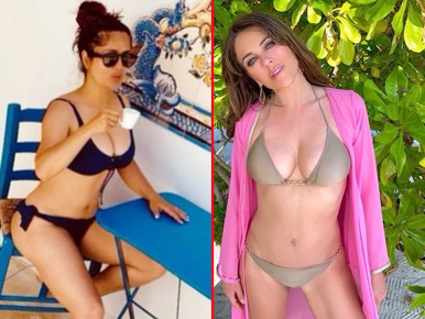 Salma Hayek bikiniben kávézik a nyaralásán, Liz Hurley rózsaszín köntösben vadít