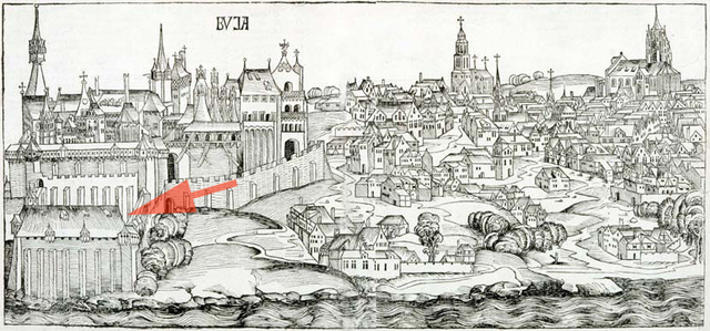 A Várkert Bazár helyén álló rejtélyes építmény ábrázolása az 1483-as Schedel-féle Világkrónikában