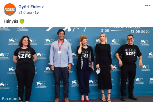 A Győri Fidesz Facebook-oldal Mundruczó Kornélék #freeSZFE tiltakozásáról