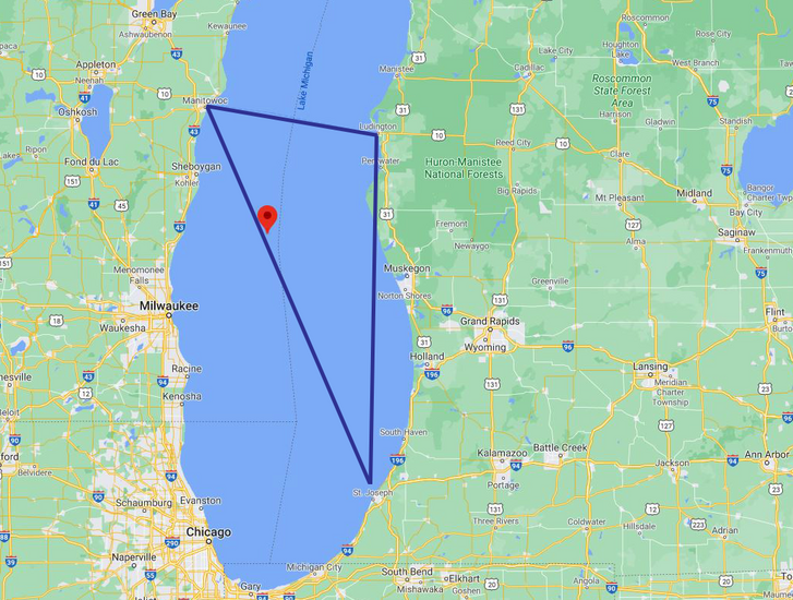 A Michigan-háromszög elhelyezkedése a tó két partja között.