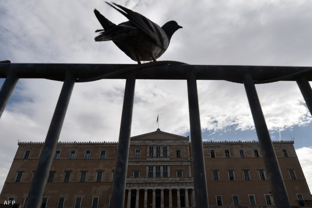 Galamb ül a kerítésen az athéni parlament épületénél