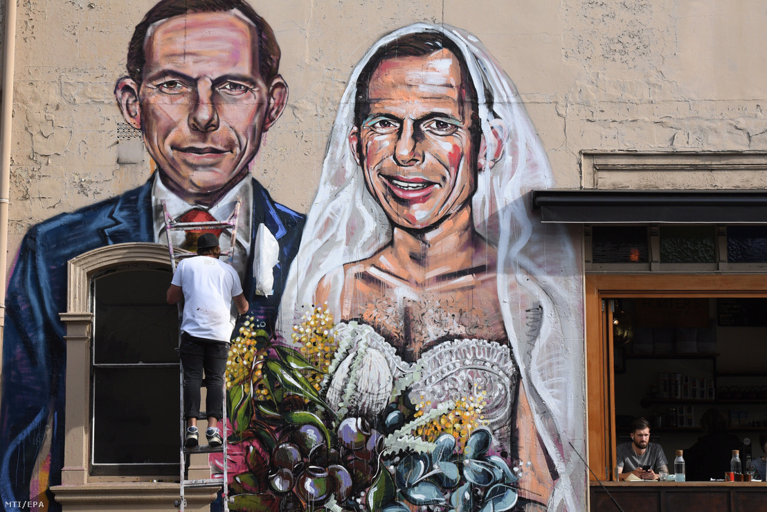 2017. szeptember 11-én Sydney-ben készült kép Scott Marsh ausztrál művészről, aki az utolsó simításokat végzi falfestményén, amely a saját magával házasodó Tony Abbott volt ausztrál miniszterelnököt, a Liberális Párt korábbi vezetőjét ábrázolja