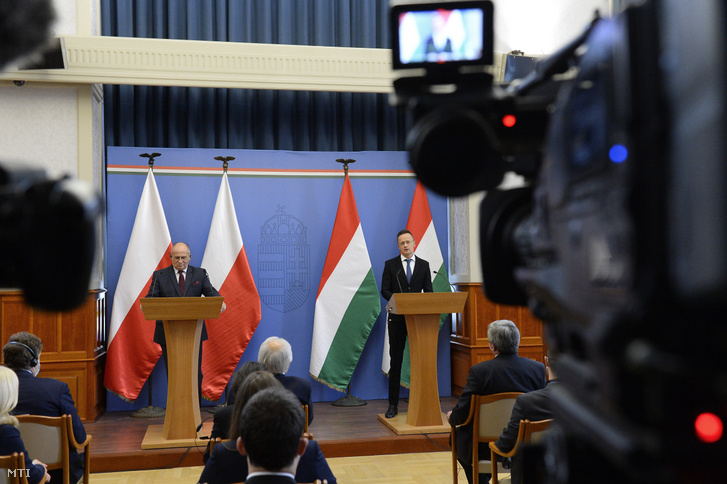 Szijjártó Péter külgazdasági és külügyminiszter (j) és Zbigniew Rau lengyel külügyminiszter sajtótájékoztatója a Külgazdasági és Külügyminisztériumban 2020. szeptember 28-án.