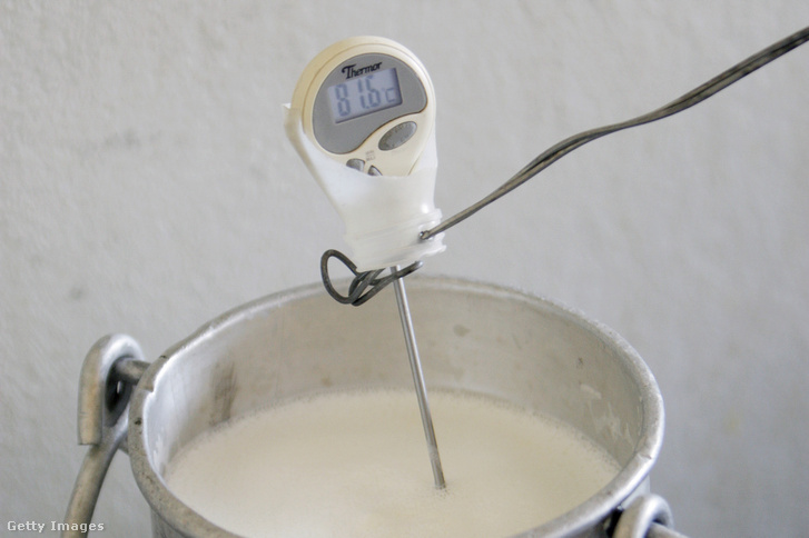 Tej hőmérsékletét ellenőrzik egy pasztőrözés céljából gázlángon melegedő tejben.