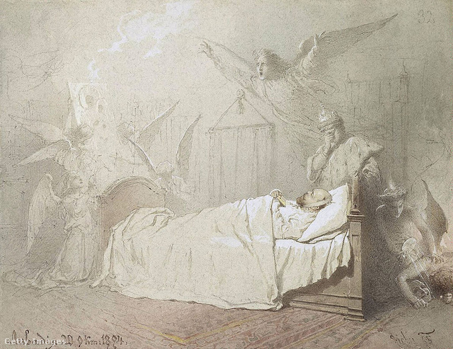 III. Sándor cár a halálos ágyán, angyalokkal körülvéve, Zichy Mihály rajza