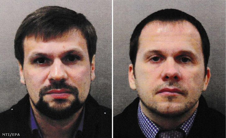 A londoni rendőrség 2018-as kombóképe a Ruszlan Bosirov álnéven utazó Anatolij Vlagyimirovics Csepiga orosz ezredesről (b) és az Alekszandr Petrov álnevű Alekszandr Jevgenyjevics Miskinről. A Bellingcat brit oknyomozó csoport ezen a napon hozta nyilvánosságra hogy a Szkripal-ügy második gyanúsítottjának valódi neve Miskin, aki az orosz katonai hírszerzés (GU) katonaorvosaként dolgozott. (MTI/EPA/Londoni rendőrség)