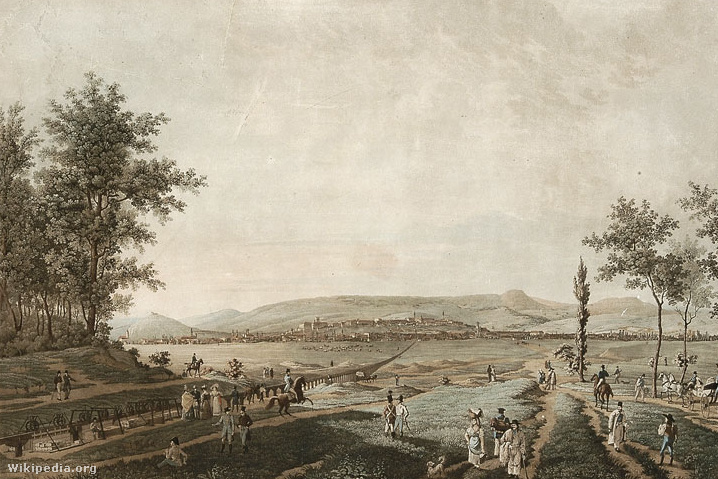 Pest és Buda városának képe Rákos mezejéről 1829-es rajzon