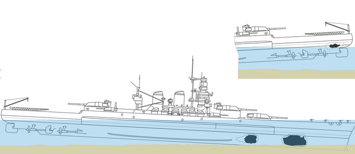 A Littorio csatahajó sérülései a három torpedótalálattól