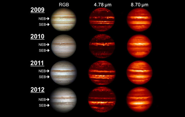 A látható és infravörös tartományban készült képeken jól megfigyelhetőek a Jupiter légköri viharrendszereinek és felhősávjainak folyamatos változásai.